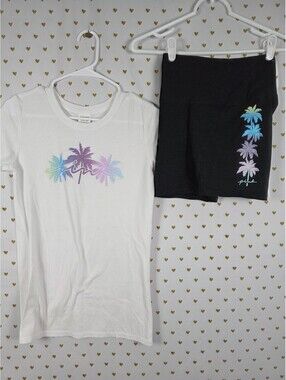 Victorias Secret PINK Glitter Palm Tee shirt Bike Shorts SET Xs 2pc